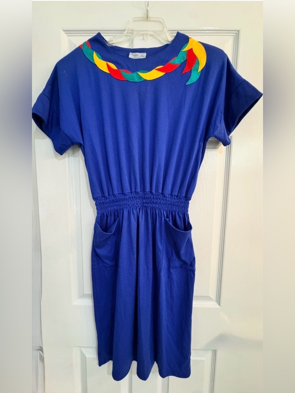 Vintage 80’s Royal Blue Cinched Dress with Colorful Petal Appliqué